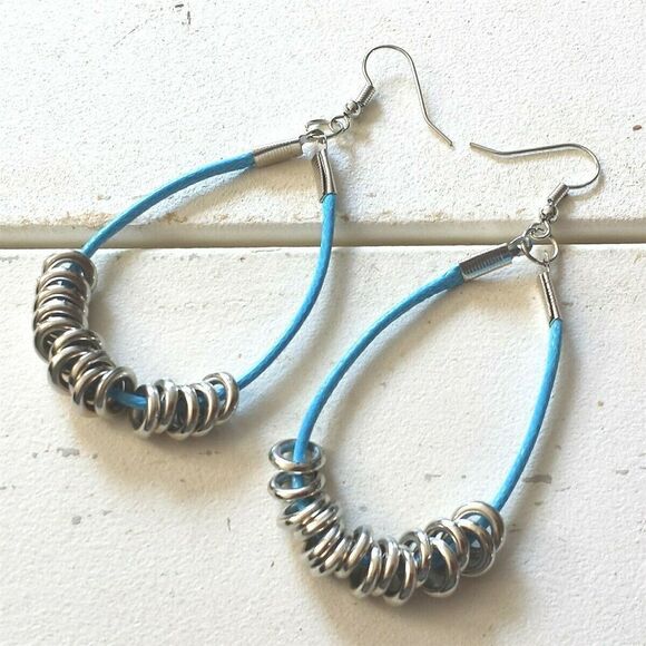 Handmade Turquoise Blue Long Polyester Cord Silver Rings Dangle Hoop Earrings - Picture 1 of 2